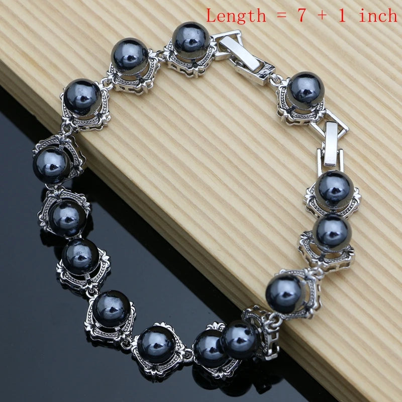 Black Pearl Silver 925 Jewelry Sets for Women Pearl Charm Bracelet Earrings Ring Necklace Sets for Wedding Party Birthday Gift