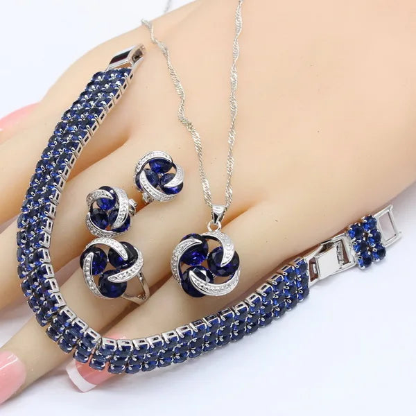 Silver Color Bridal Jewelry Sets For Women Round Dark Blue Crystal Bracelet Stud Earrings Necklace Pendant Rings Free Gift Box