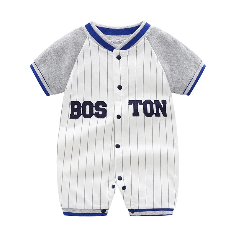 Baby One-Piece Clothing, Pure Cotton, Summer Outfit for 100-Day-Old Babies, Short-Sleeve, Stylish and Trendy Thin Baseball-Style Romper for Boys