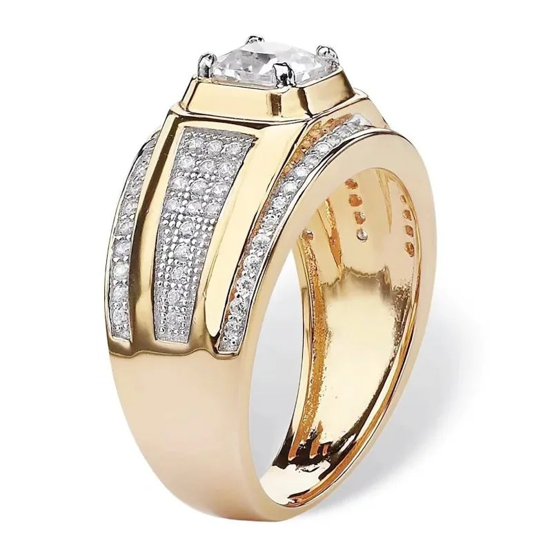 New Yellow Gold Rectangular Diamond Luxury Large Ring Male Ring Stamp with Diamond Party Popular Men's Business Birthday Gift