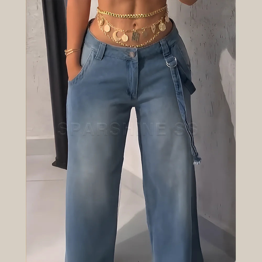 Ansoff women's vintage straight jeans with washed denim finish, mid waist, loose fit, wide leg style, long streetwear pants.