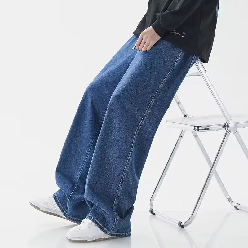 Men's loose streetwear jeans by Ansoff, Korean style wide-leg straight pants in black and light blue denim, casual fashion.
