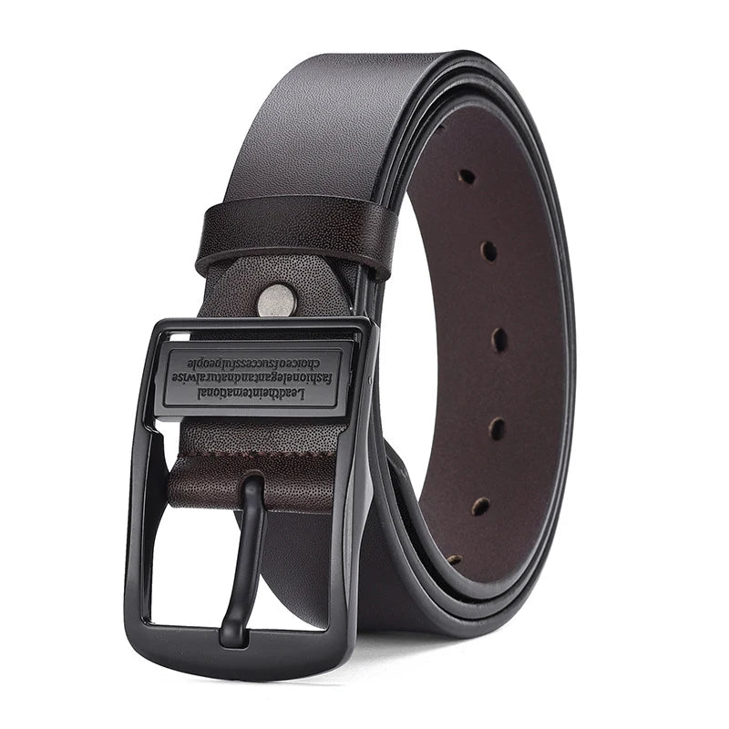 Men's black leather belt by Ansoff with pin buckle, trendy casual style, versatile for jeans and light luxury fashion.