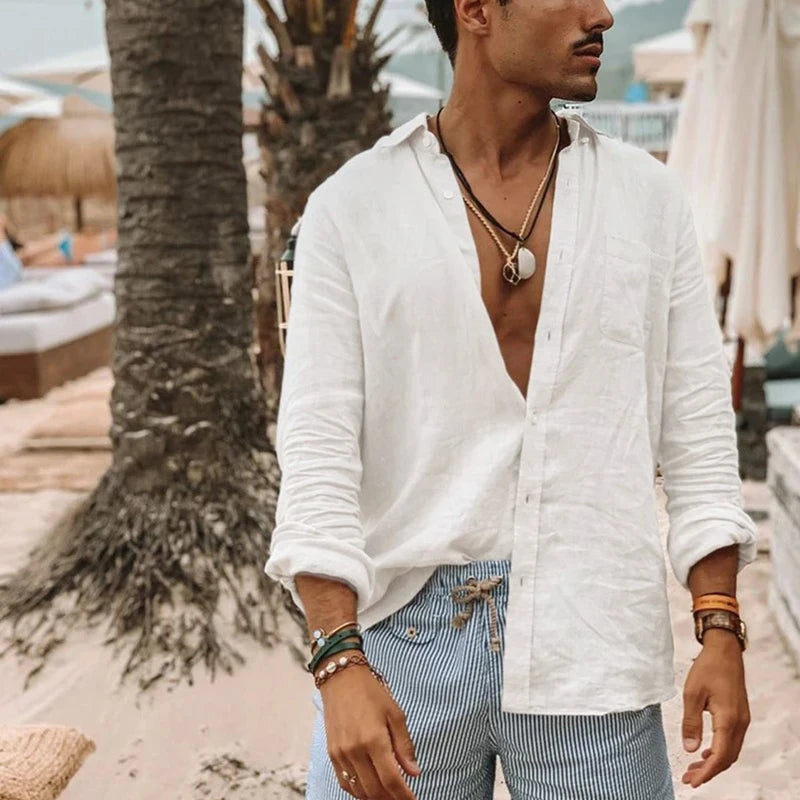 Men's long sleeve casual shirt by Ansoff, oversized loose fit, single-breasted design, suitable for spring and summer.
