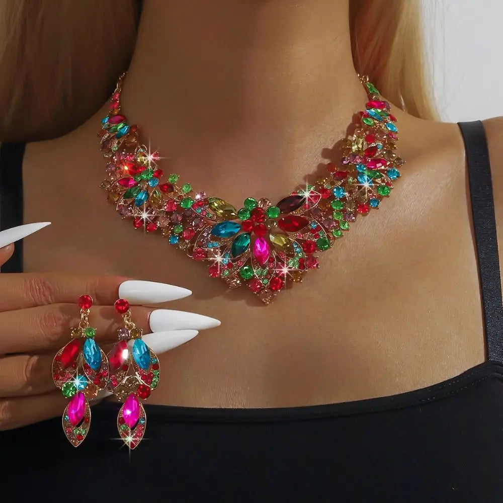 Bridal Crystal Rhinestone Jewelry Set Shining Exquisite Necklace Earrings Set Luxury Crystal Necklace Set Women