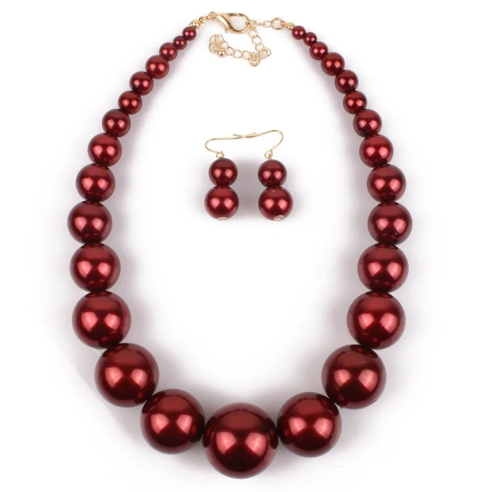 Fashion Elegant Large Pearl Necklace Set 42cm Length Round Big Ball Beads Chain Choker with Earrings Luxury Neck Jewelry Party