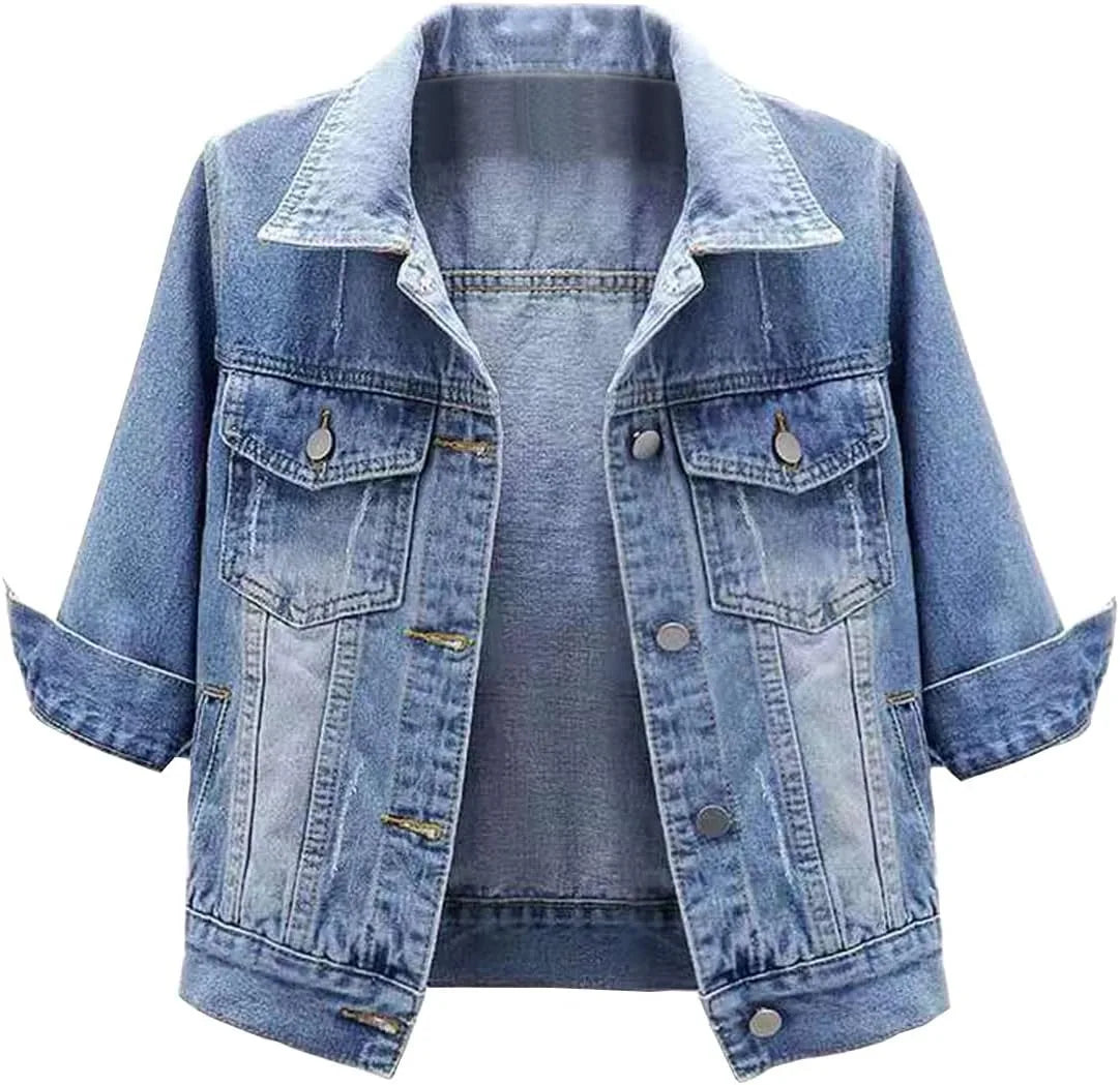 Ansoff women's cropped denim jean jacket with purple, yellow, white, and blue stretch fabric, distressed details, puff sleeves, and pockets.