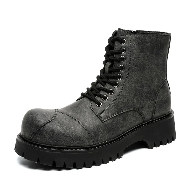 Ansoff men's British style motorcycle boots with lace-up leather design, big toe cowboy platform, suitable for desert fashion.