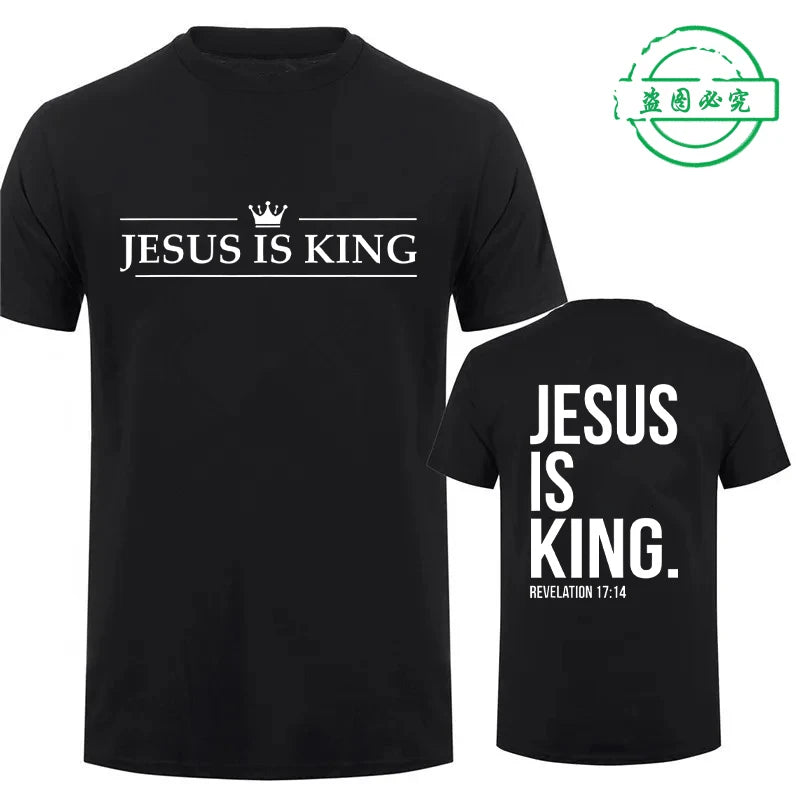 Ansoff Jesus Is King print men's T-shirt with Christian faith graphic, short sleeve streetwear tee for casual summer style.