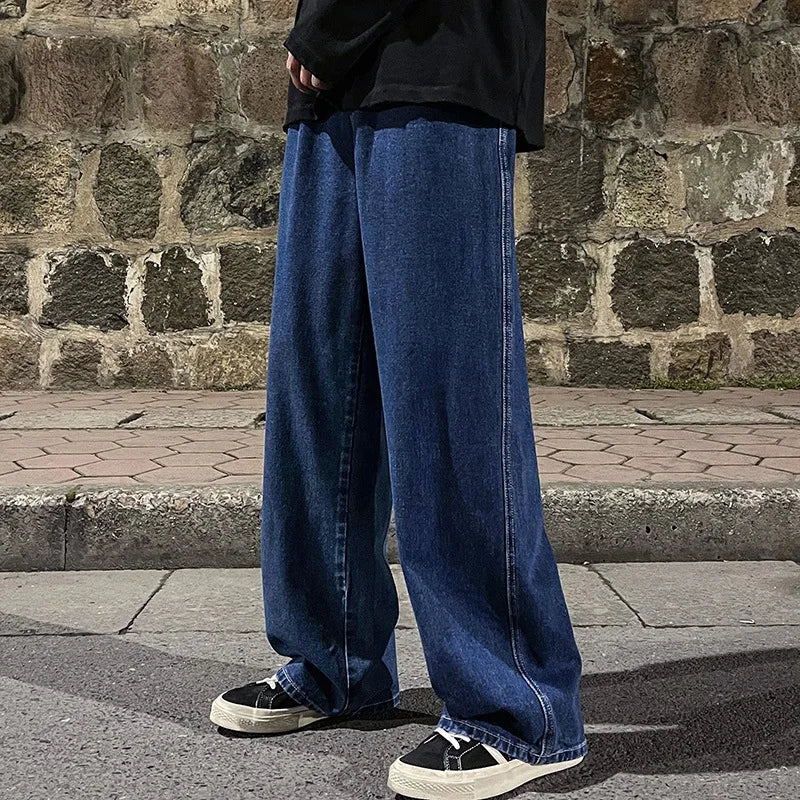 Men's loose streetwear jeans by Ansoff, Korean style wide-leg straight pants in black and light blue denim.