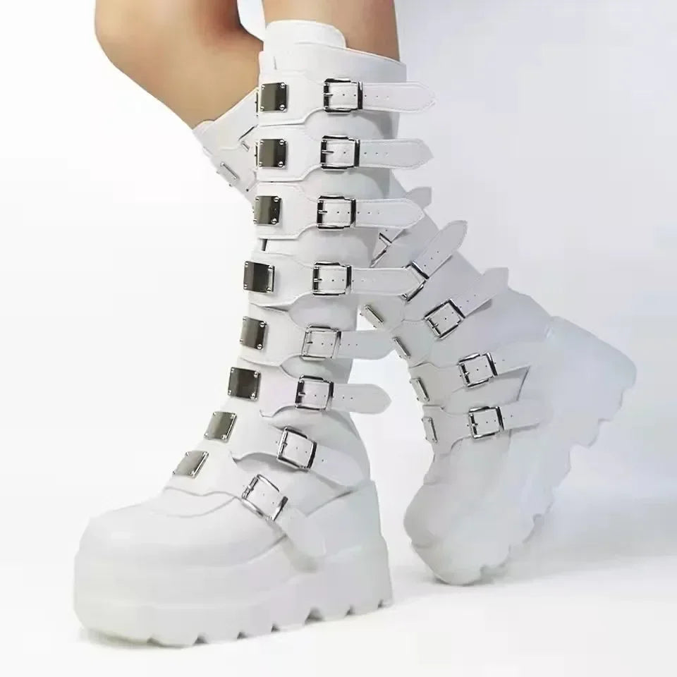Gothic Shoes Platform Knee High Punk Black Sexy Motorcycles 2023 New Halloween Cosplay 2024 Shoes for Women Zapatos De Mujer - Acros