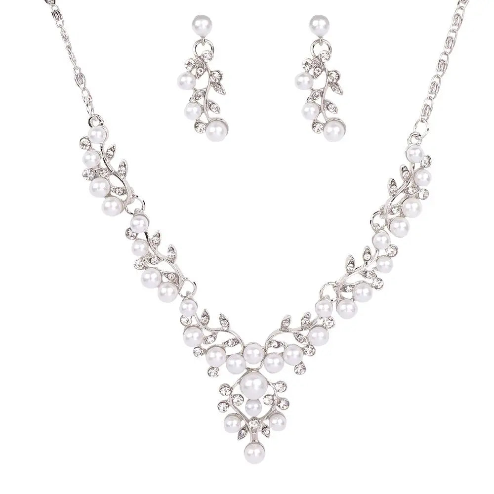 Charm Gifts Party Imitation Pearl Necklace Crystal Engagement Simulated Earrings Silver Plated Jewelry Sets Wedding Bridal