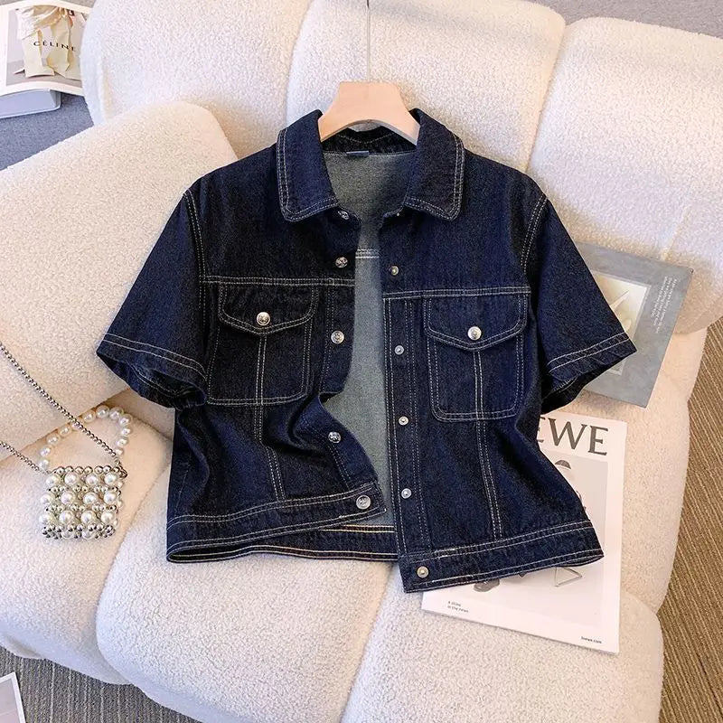 Ansoff women's denim jacket with short sleeves, vintage style, cropped fit, perfect for summer streetwear and casual outfits.