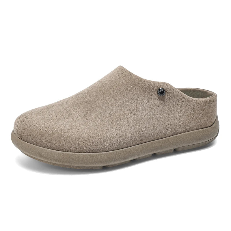 Men's suede leather mule slippers with arch support and cork soles, featuring a comfortable design for winter footwear.