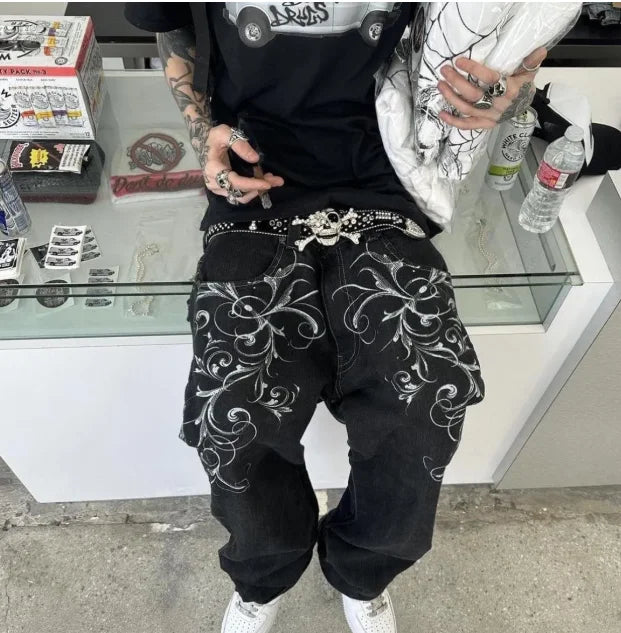 Men's wide-leg embroidered hip-hop jeans by Ansoff featuring Y2K style, mid-waist gothic design, and retro American fashion trousers.