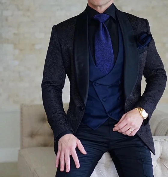 Men's black Italian design wedding tuxedo suit by Ansoff, includes jacket, vest, and pants, perfect for grooms and formal occasions.