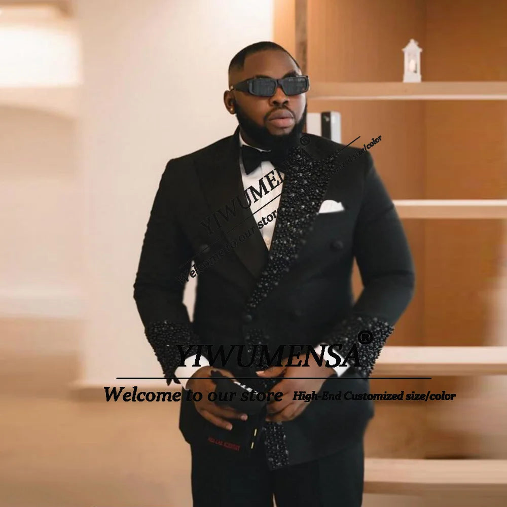 Unique Design Beading Pearls Suits Men Plus Size Double Breasted Jacket Pants 2 Piece Set Groom Tuxedos Customized Male Outfits