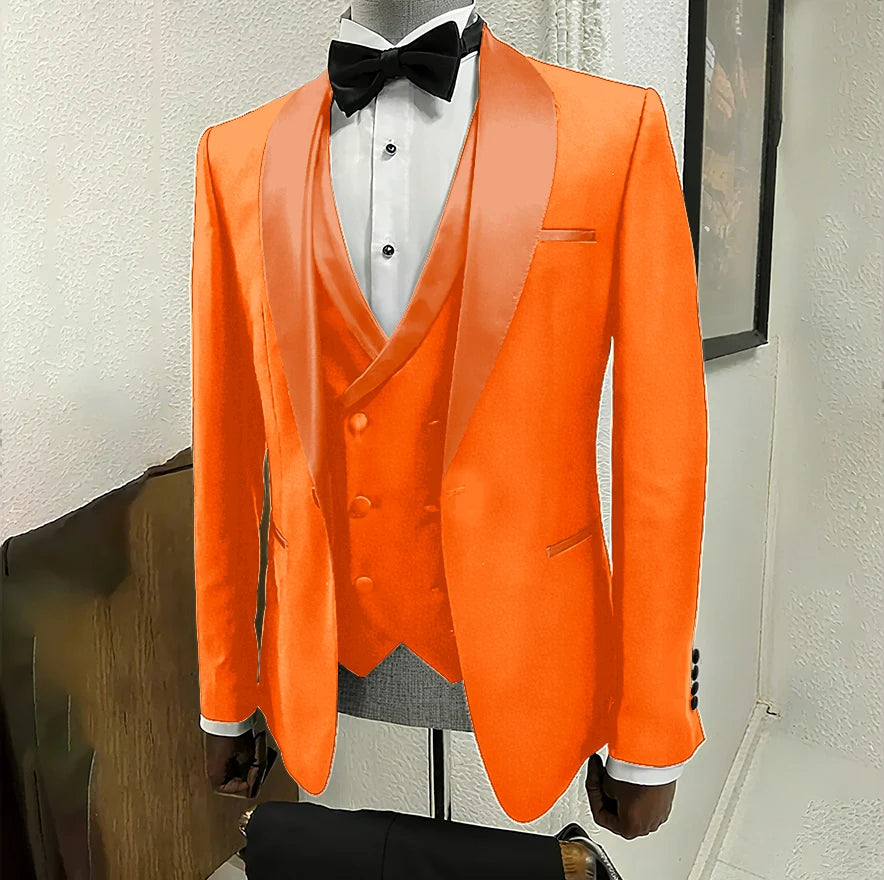 Men's black 3-piece tuxedo by Ansoff with shawl lapel, one-button jacket, ideal for weddings, parties, and formal dinners.