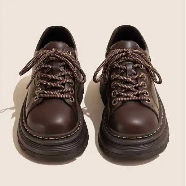 Ansoff women's Derby shoes featuring fur lining, round toe, platform loafers, leather casual footwear with British style.