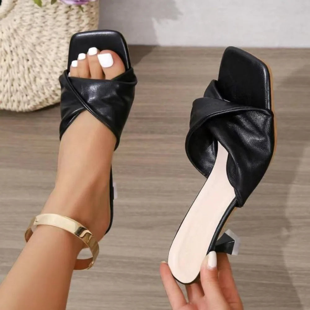 Ansoff women's summer high heels with open square toe design, handmade outdoor fashion slippers for wedding and party occasions.