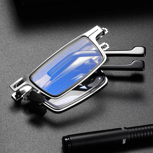 Ansoff metal folding reading glasses for men with rectangular frames, lightweight design, anti-blue light lenses, portable eyewear.