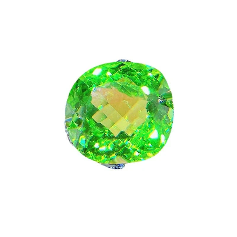 2026 new luxury large-cushion bright green artificial tourmaline ring, women's engagement ring, colored gemstone, adjustable des