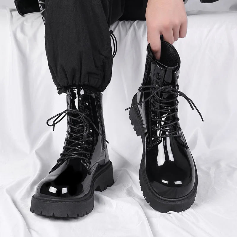 Ansoff men's black leather high top platform motorcycle boots with lace-up design, waterproof casual style, British fashion influence