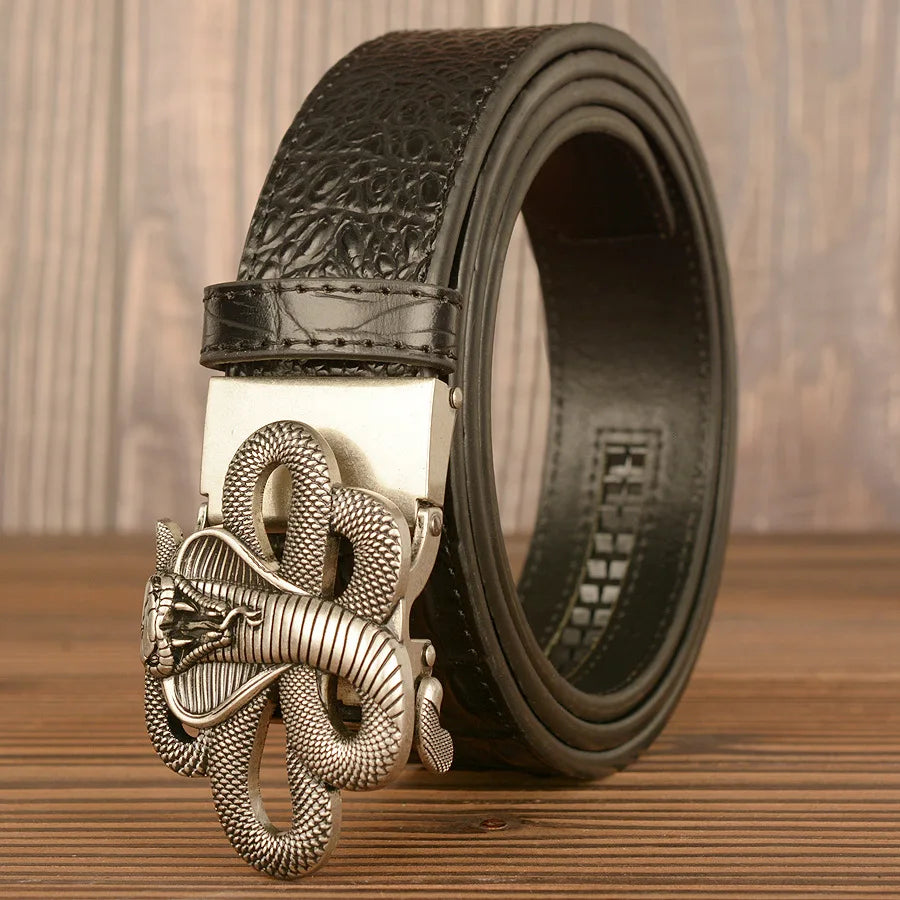 Black genuine leather men's belt with automatic buckle, 3.8cm width, carved cow design, from Ansoff fashion collection.