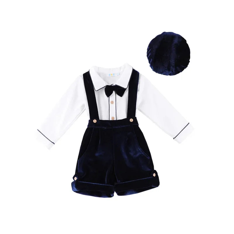 Spanish Baby Boy Clothes Set Vintage Kids Summer Suit Formal Wedding Toddler White Shirt +Velvet Suspender Pants Shorts Outfits