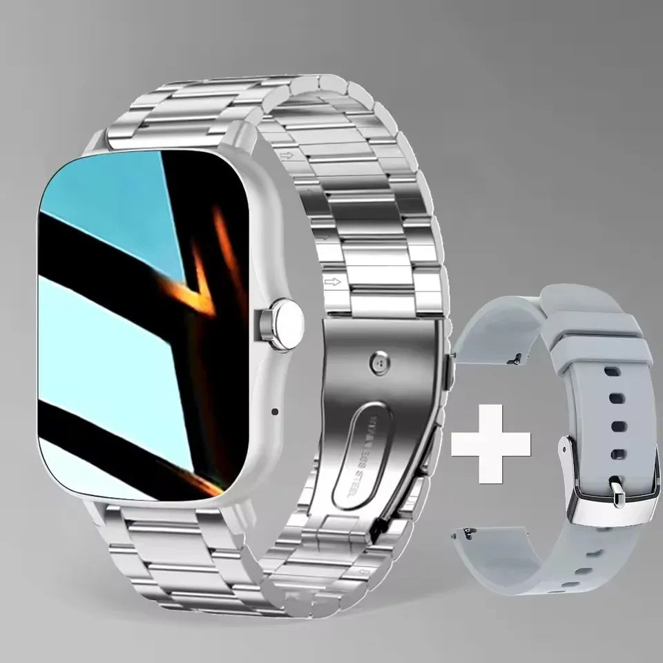 Ansoff Smart Watch with 2.01-inch HD display showing weather forecast, message preview, and sport modes on a stylish smartwatch.