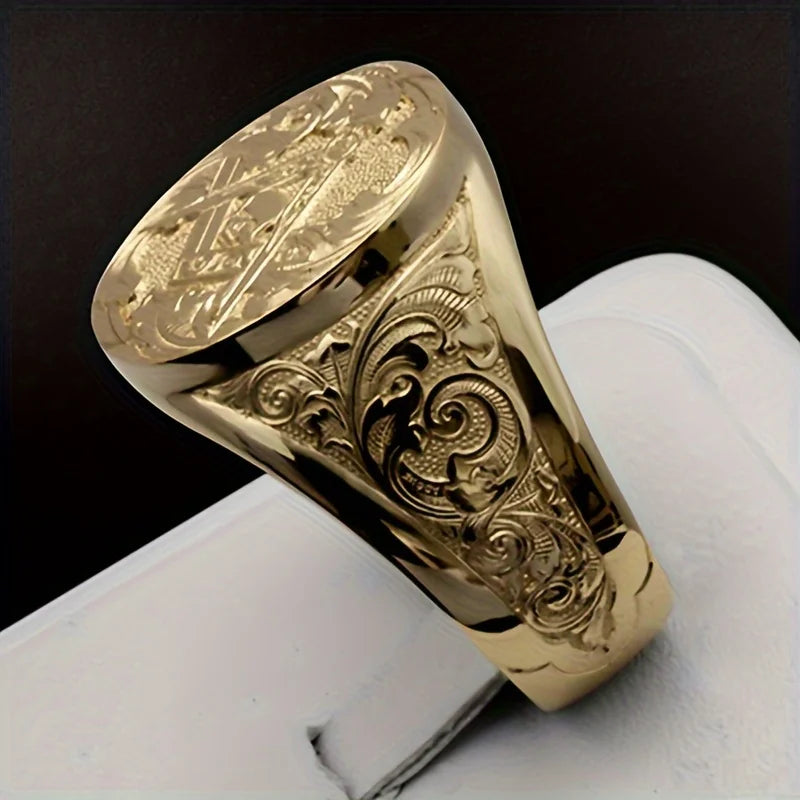Fashion Carving Sun Pattern Mason Retro Ring for Men 18K Gold Plated Carving Seal Rings Punk Party Handmade Jewelry