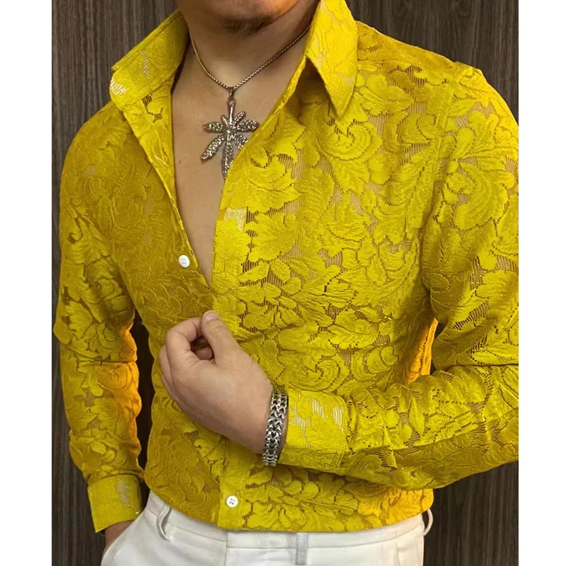 Men's slim fit long sleeve spring shirt by Ansoff, featuring a transparent design ideal for casual, social, or nightclub wear.