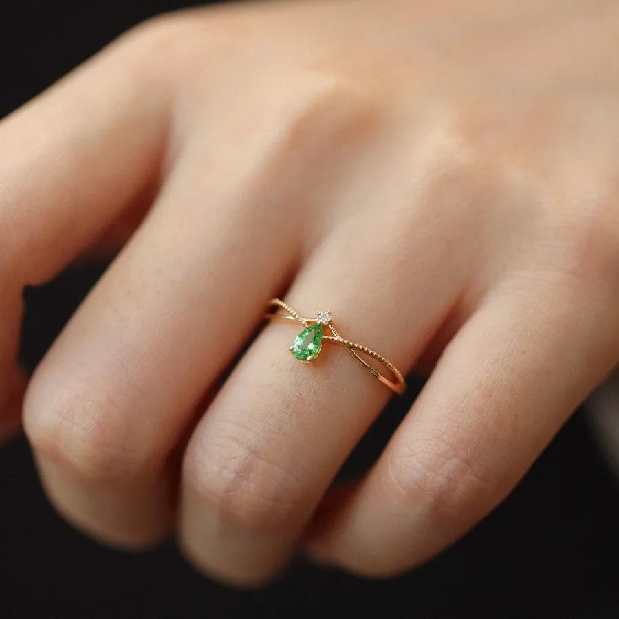 925 Sterling Silver Plating18K Gold Retro Green Water Droplet Zircon Ring for Women French Fashion Temperament Party Jewelry