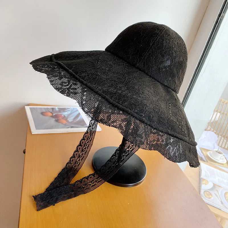 Summer Lace Sun Hat Women Wide Brim Sun Hat Women Lace Hat Summer White Black Lace Party Wedding Packable Beach Hat