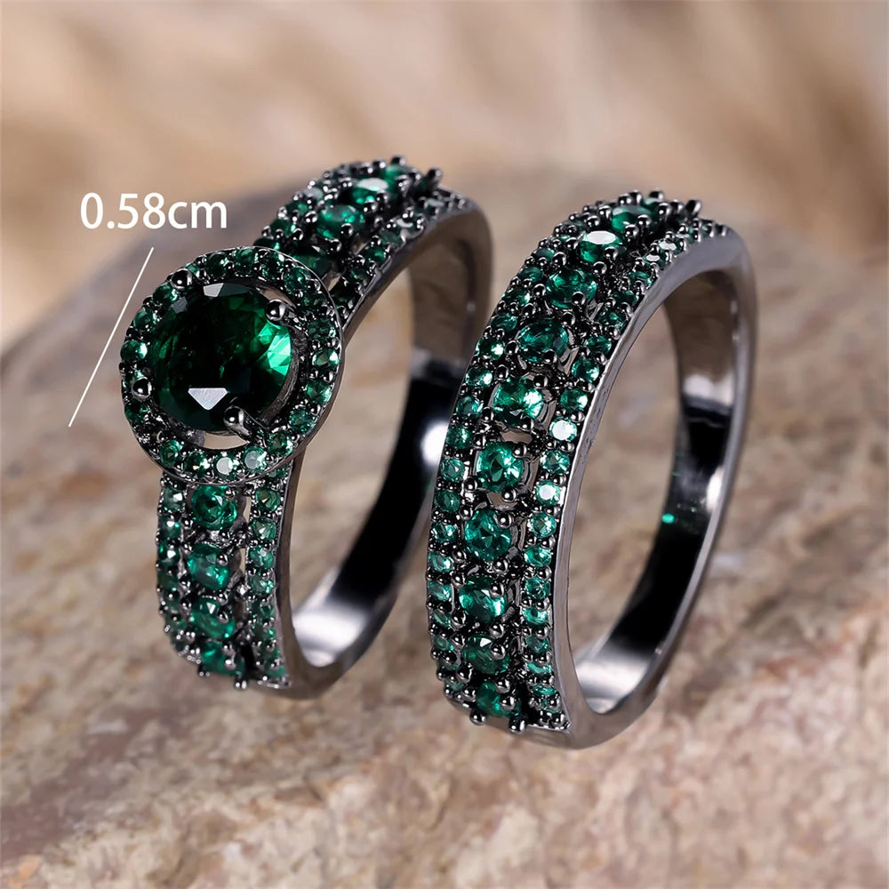 Luxury Crystal Round Stone Ring Set Green Zircon Engagement Double Rings For Women Vintage Black Metal Wedding Jewelry Sets Gift