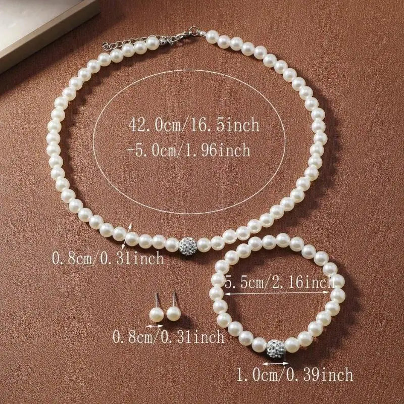 3 PCS Set Imitation Pearl Fireball Necklace Bracelet Earring Stud Jewelry Set Silver Color Crystal Stone Elegant Bridal Jewelry