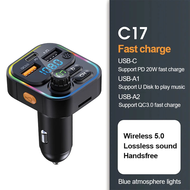 Ansoff Bluetooth 5.0 FM transmitter and MP3 player for car, with USB quick charge adapter and handsfree radio in vehicle interior.