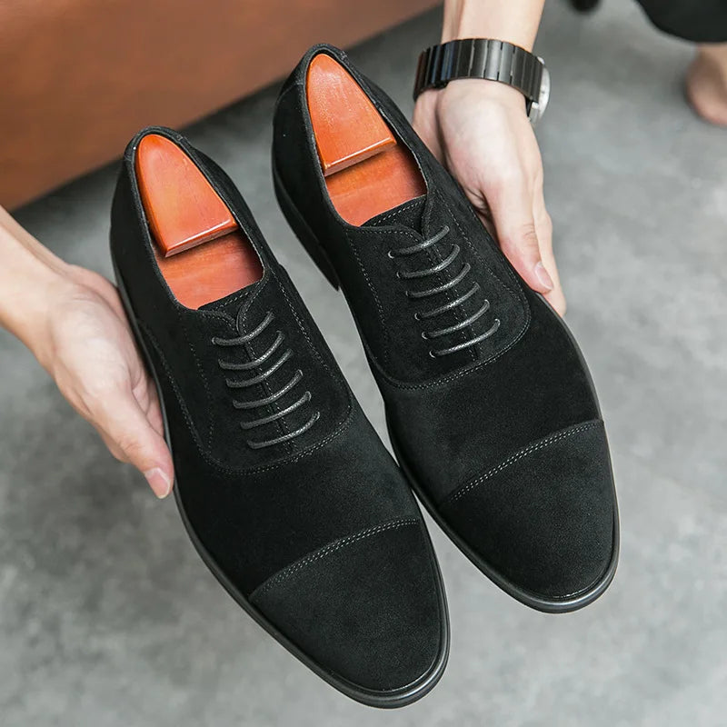 Men's suede leather dress shoes by Ansoff, casual lace-up oxfords with pointed toes, ideal for office, formal, or wedding occasions.