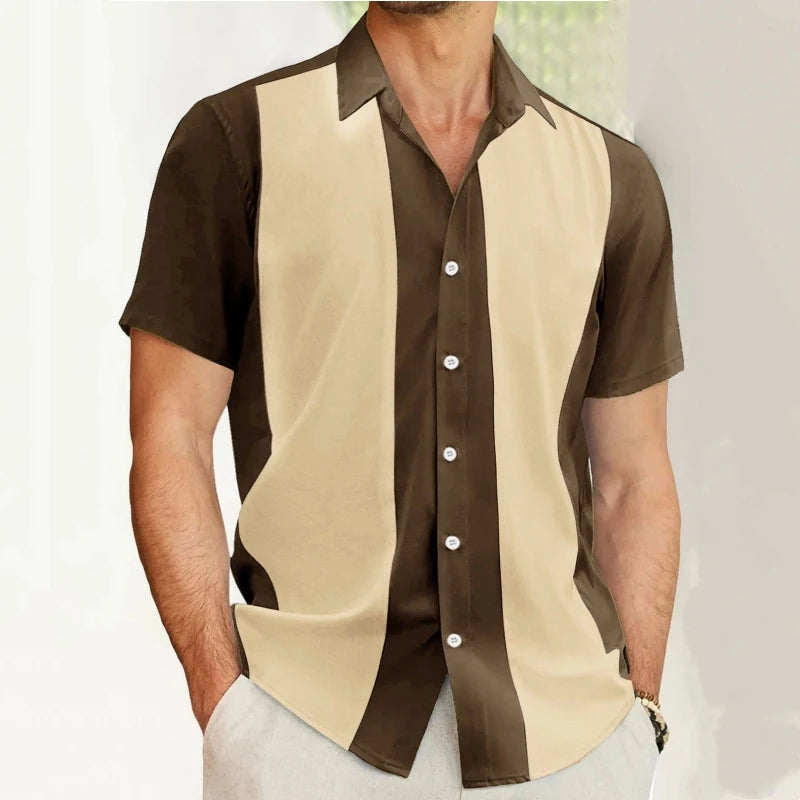 Ansoff men's vintage casual short sleeve button-down shirt with striped splicing design, perfect for summer and versatile styling.
