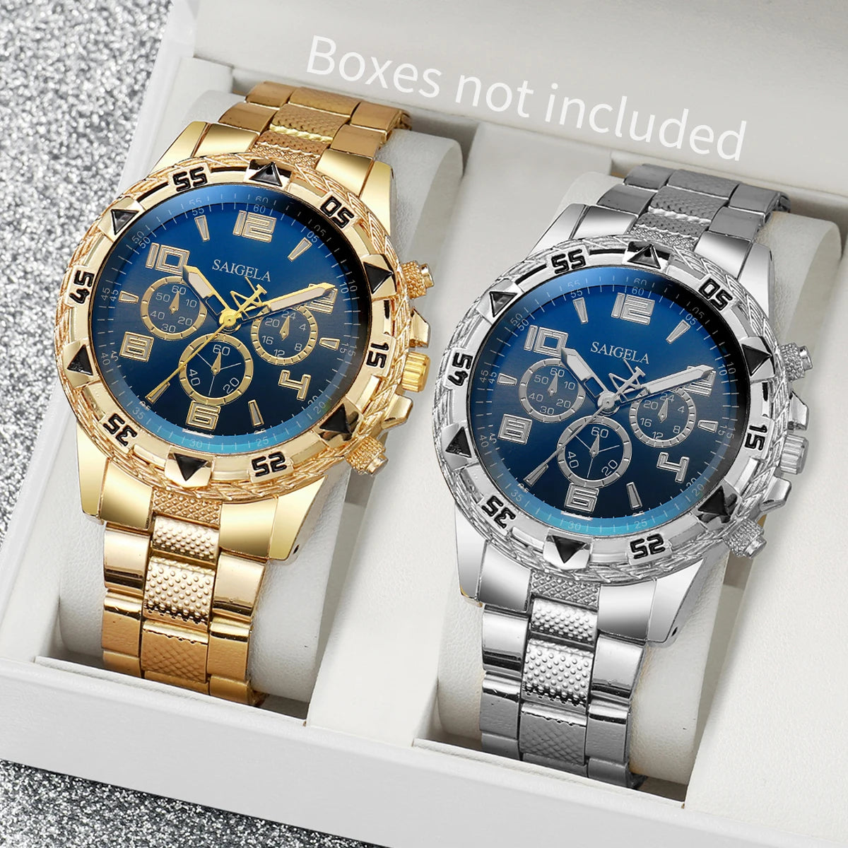 Two men's business watches with steel bands and Arabic dials from Ansoff, featuring quartz movement in a 2-piece set.