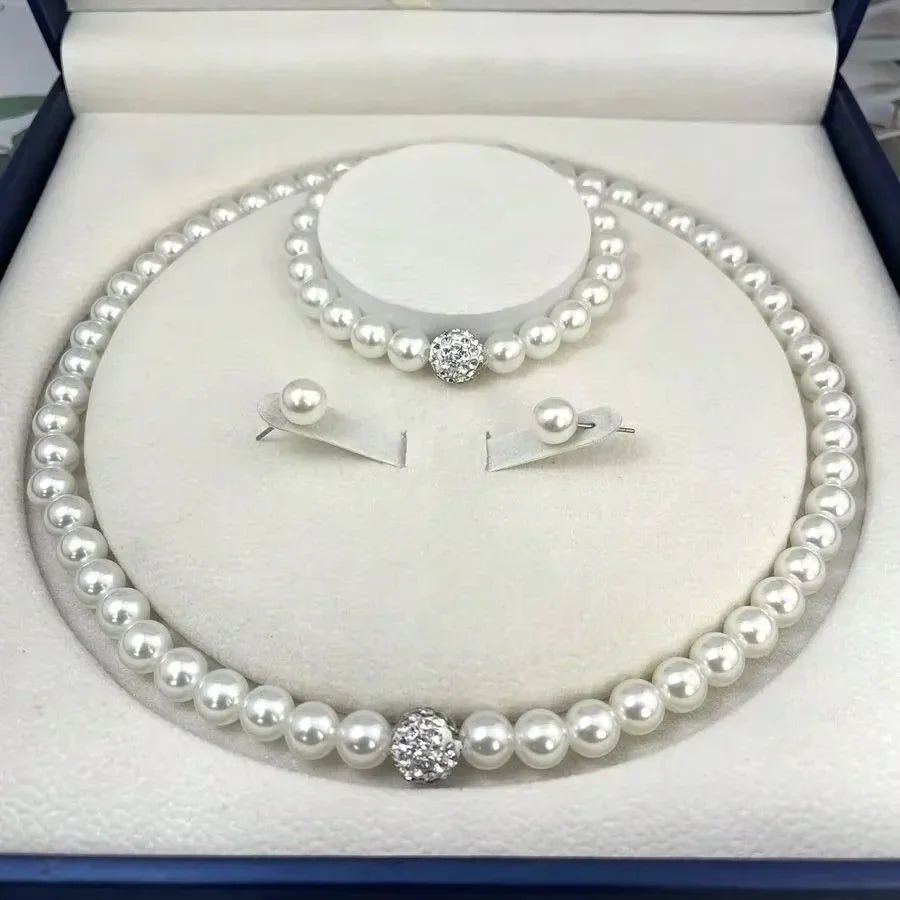 3 PCS Imitation Pearl Fireball Necklace Bracelet Earring Stud Jewelry Set Silver Color Crystal Stone Elegant Bridal Jewelry Gift
