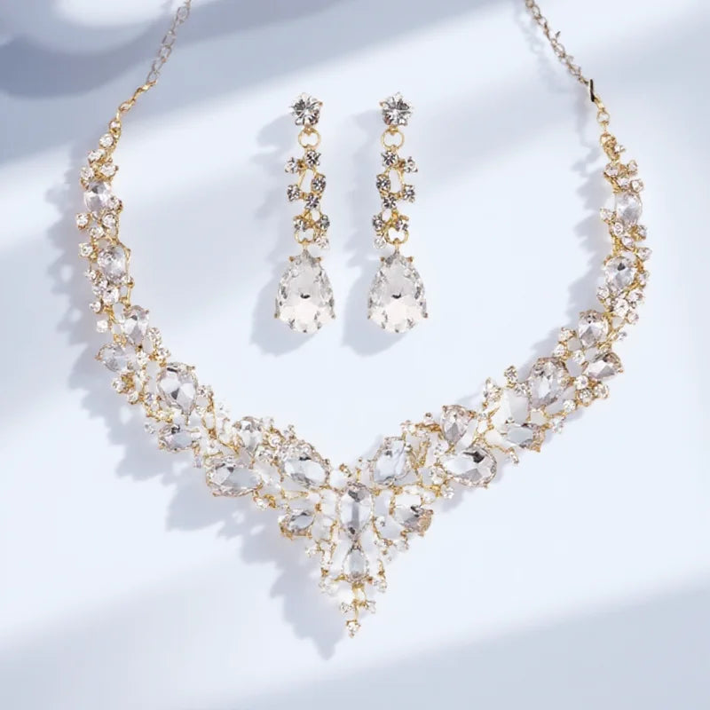 Elegant Bridal Crystal Rhinestone Necklace Earrings Set Wedding Valentine Gift Teardrop Dangle