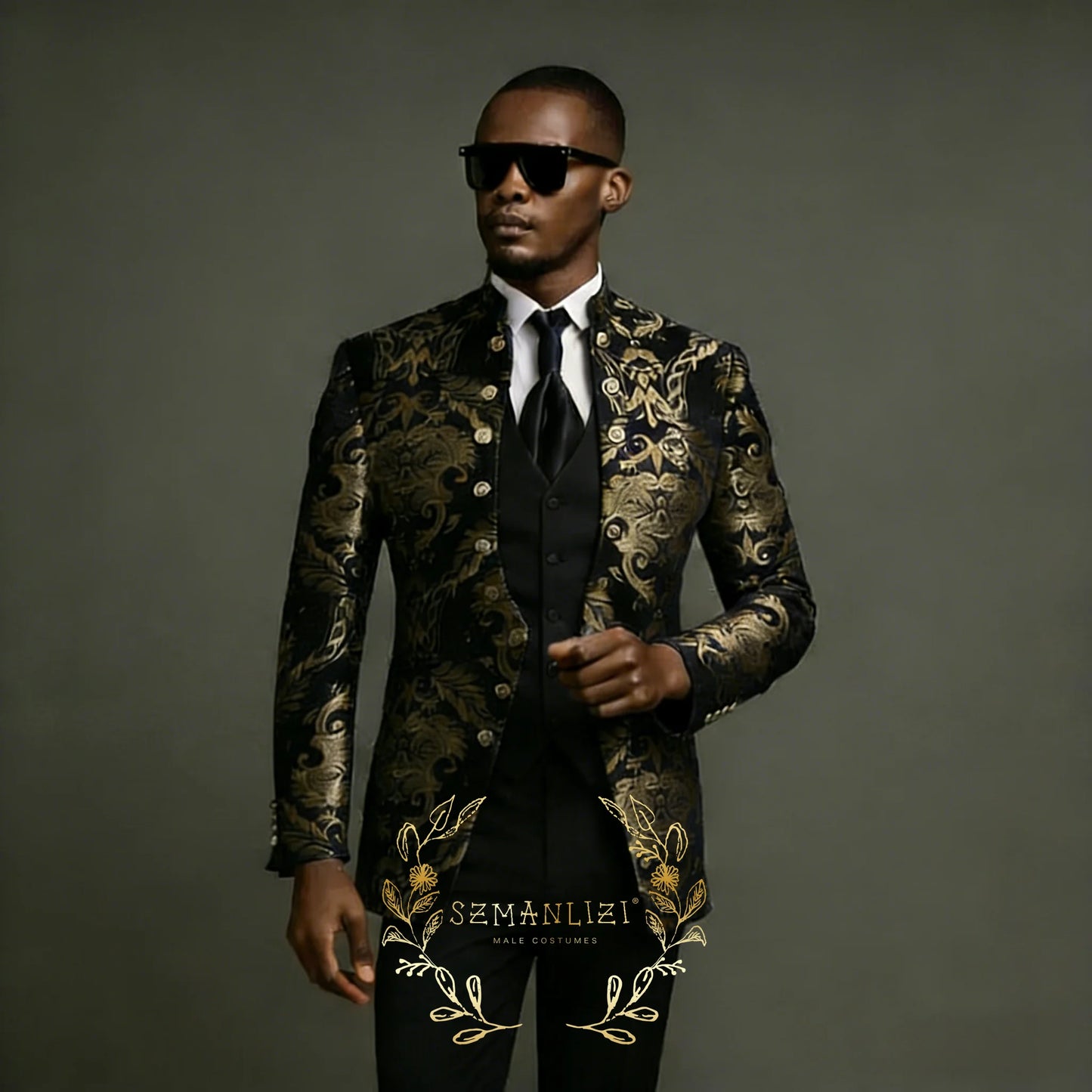 Ansoff men's formal suit set with jacquard blazer, vest, and pants, perfect for weddings and special occasions.