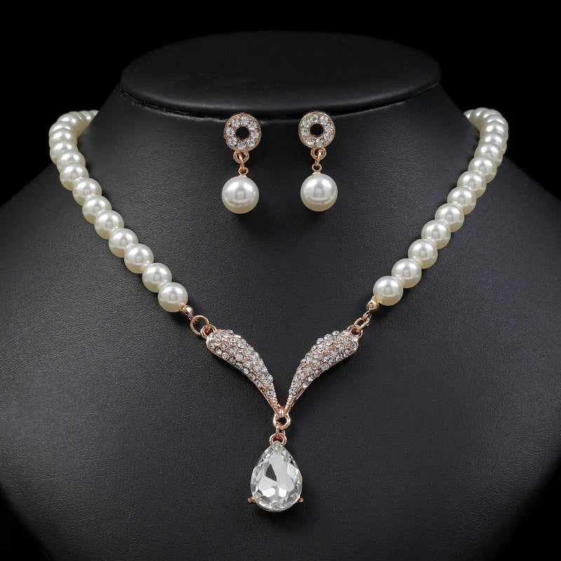 New Fashion personality flower Imitation Pearl Wedding Necklace Earring Set Bridal For Women Elegant Rhinestone Jewelry Gift
