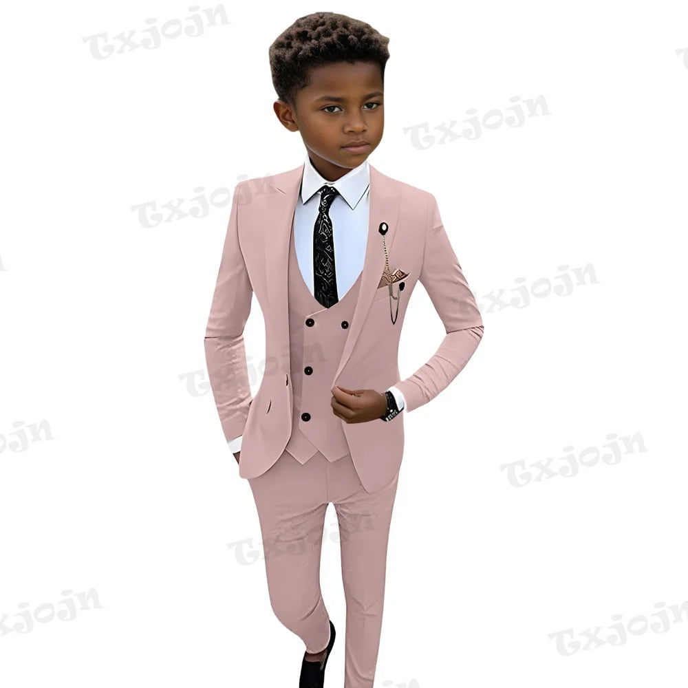 Colorful kids' suit set by Ansoff, includes blazer, vest, pants, and tie, perfect for ages 3-14, ideal for birthday parties.