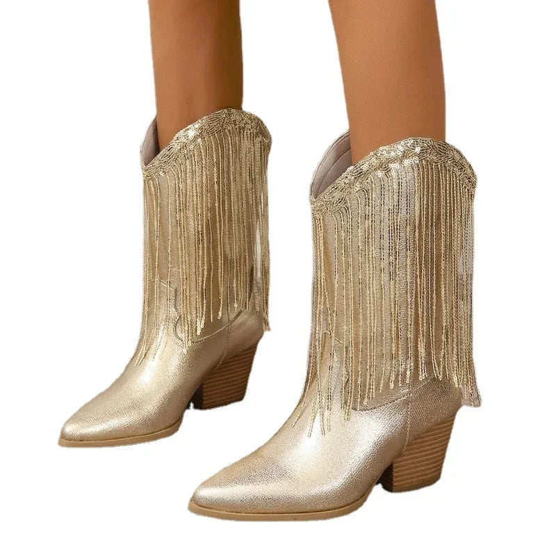 Shoes for Women 2023 Fringed Sequin Design Fashion Women's Boots Comfortable Square Heel Modern Boots New Gold Platform Boots - Acros