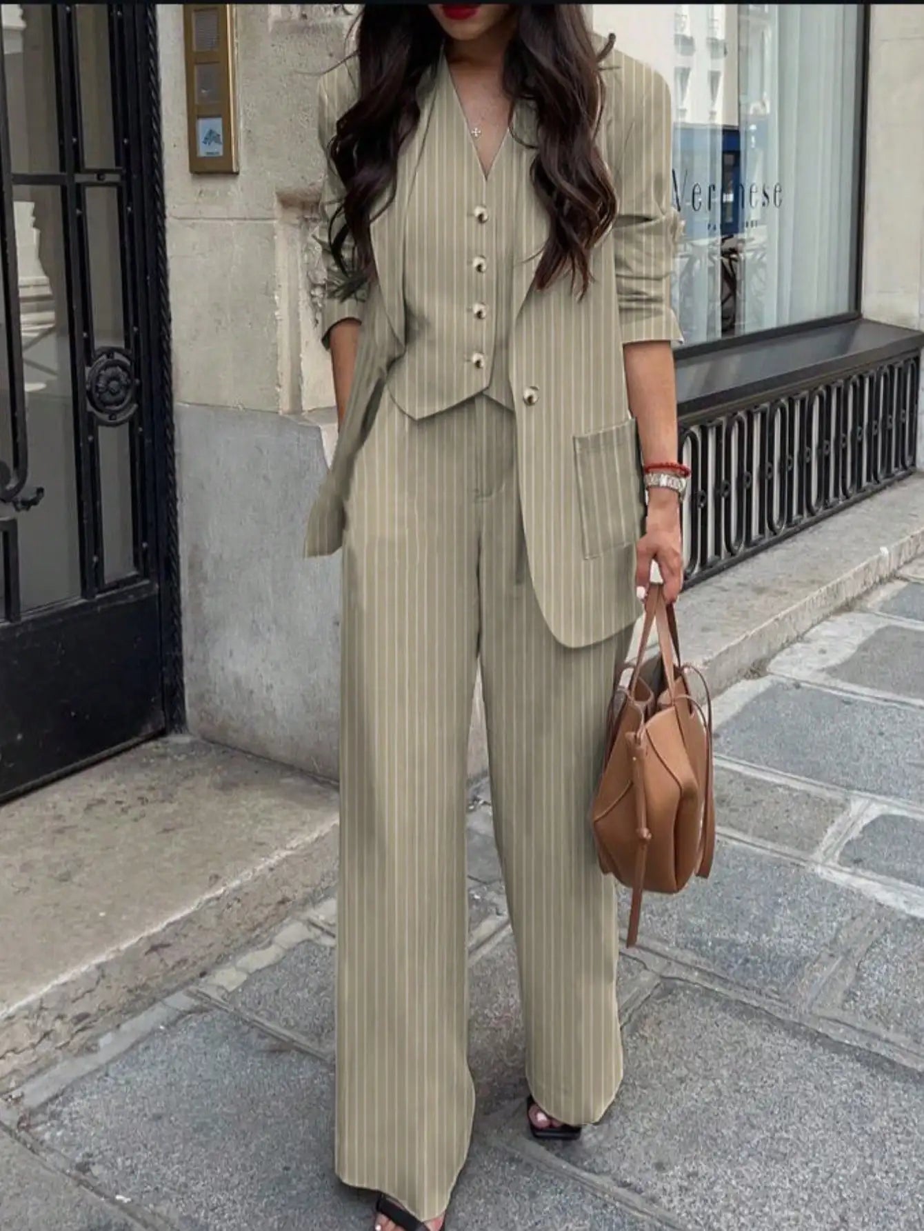 Ansoff women's striped suit set featuring an elegant, chic design suitable for office and casual wear, with stylish tailored fit.