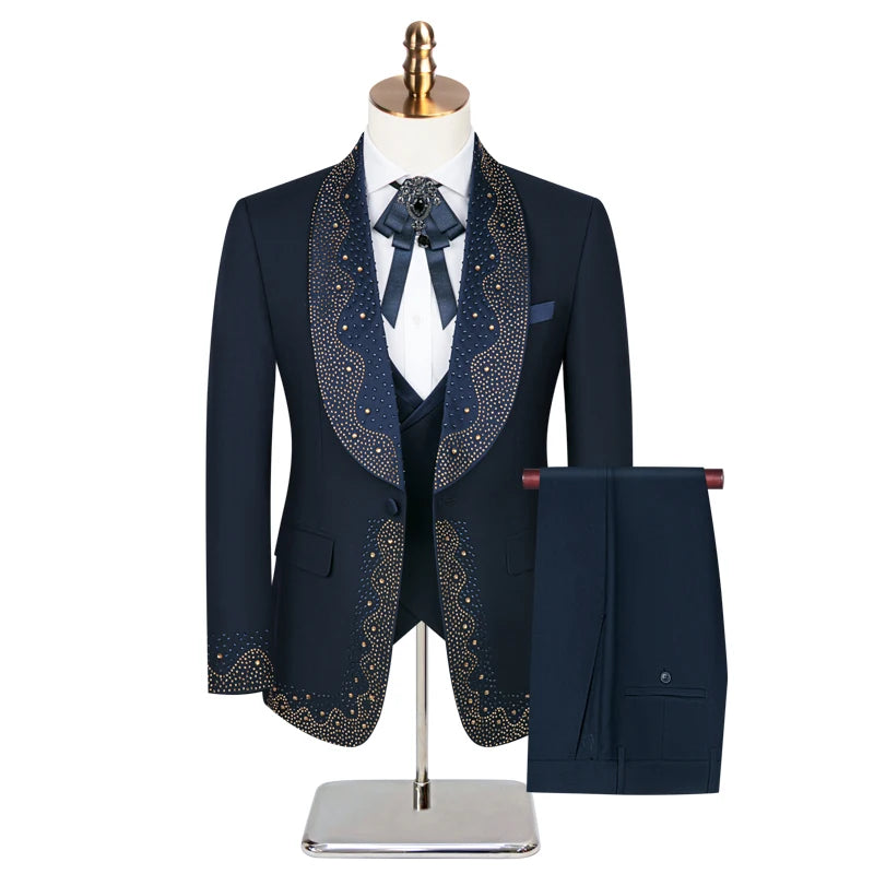 Men's 2024 high-grade light luxury suit set by Ansoff, includes blazer, vest, and pants for wedding or party wear, available in S-3XL.