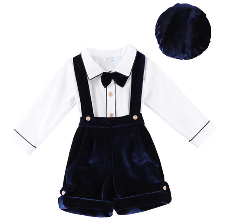 Newborn Clothes Suit Baby Boy Clothing Sets for Birthday Wedding Party Children Withe Blouse Velvet Pants 3Pcs Outfits With Hats