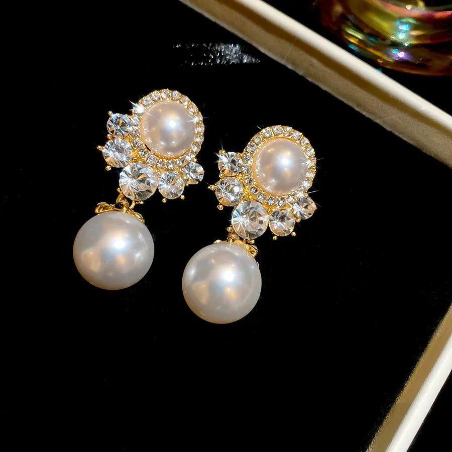 Imitation Pearl Pendant Earrings French Inlaid Shiny Rhinestones Pendnat Necklaces Elegant Woman for Wedding Party Jewelry Set K